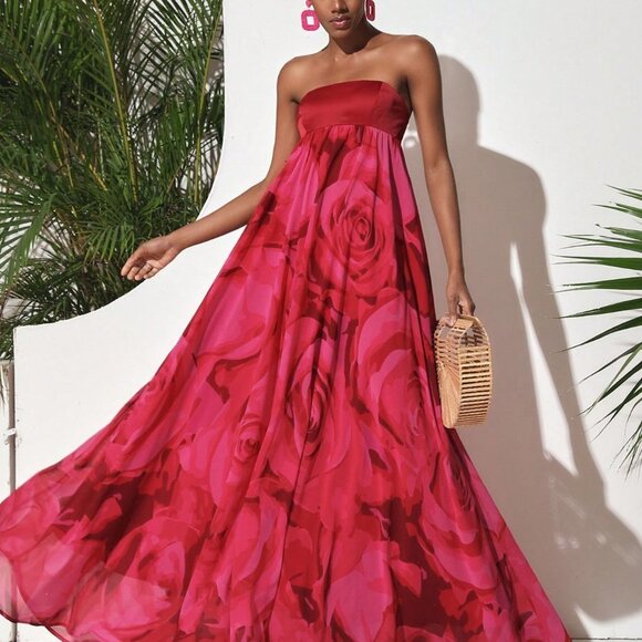 Red Preppy Women's Strapless Maxi Dress With Big Flower Print - Picture 4 of 5